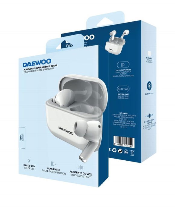 Daewoo Auriculares Inalambricos TWS Bluetooth 5.3 Color Blanco con Bateria 40mAh y Carga 500mAh