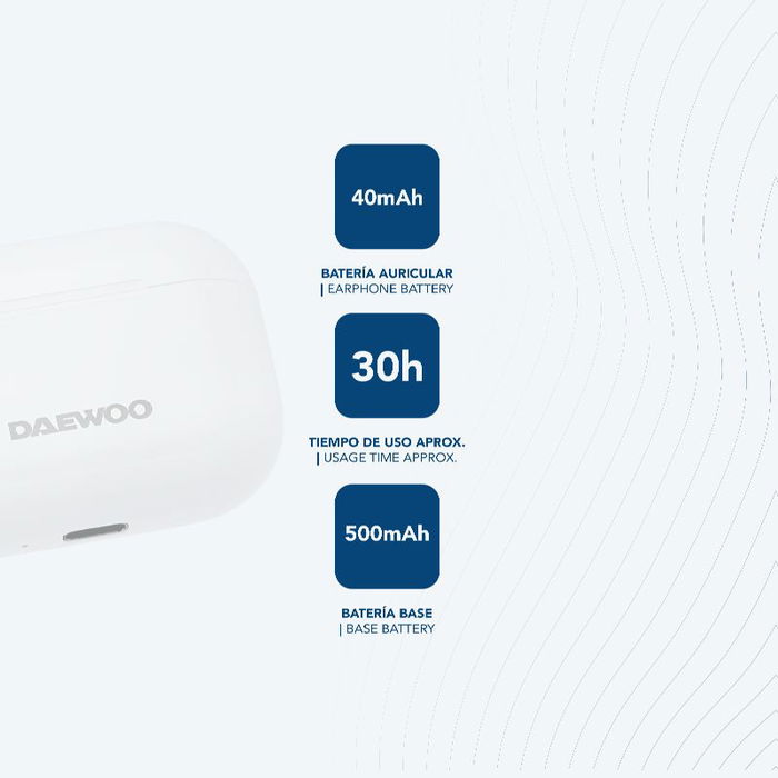 Daewoo Auriculares Inalambricos TWS Bluetooth 5.3 Color Blanco con Bateria 40mAh y Carga 500mAh