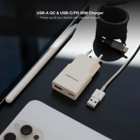 Nano Cable 10.10.2028 Cargador de Pared USB-C PD 30W + USB-A QC 30W Blanco