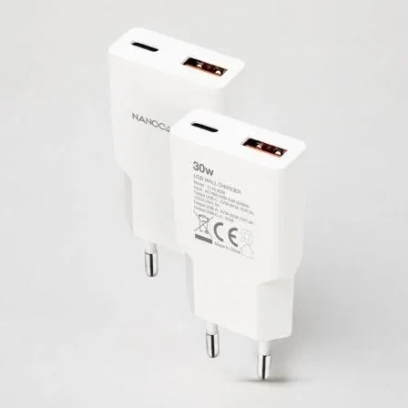 Nano Cable 10.10.2028 Cargador de Pared USB-C PD 30W + USB-A QC 30W Blanco