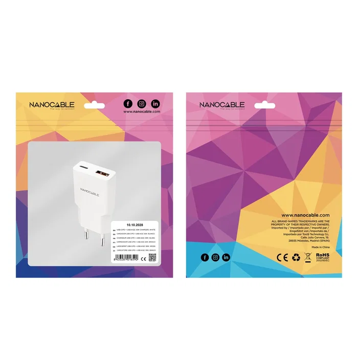 Nanocable Cargador de Pared 30W USB-C PD y USB-A QC Blanco