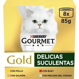 Purina Gourmet Gold Delicias Suculentas - Multipack 8 Latas 85g - Comida Húmeda para Gato con Pescado, Pollo, Salmón y Buey - Alimento Completo