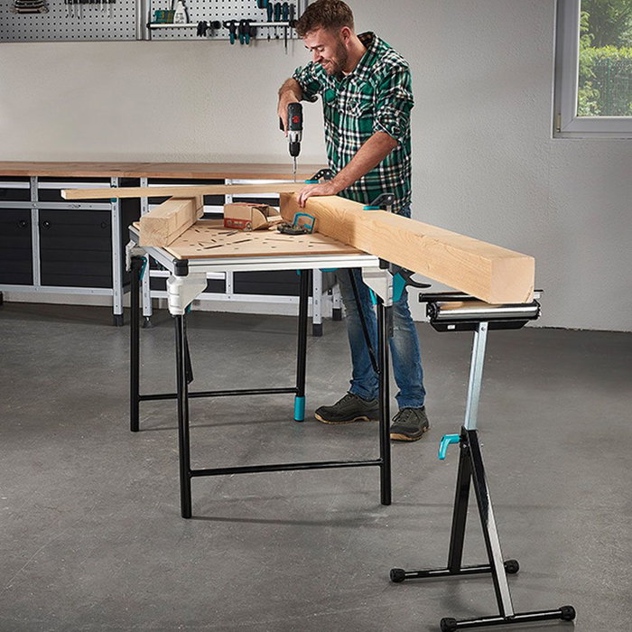 Wolfcraft Caballete Multifuncional con Soporte y Rodillo 6102300, Ajustable y Plegable para Apoyo de Tablas y Placas Largas