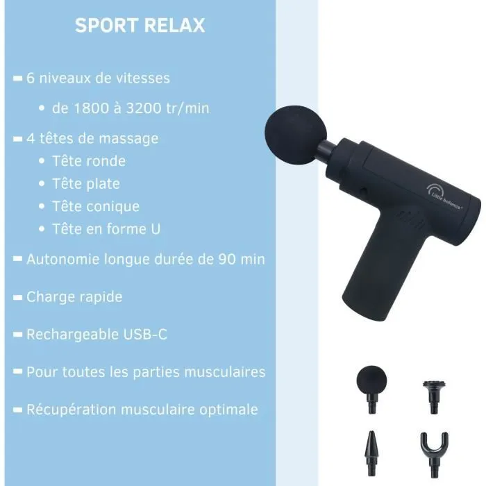 Little Balance LIT3760240787877 Pistola de Masaje, Sport Relax, 6 Velocidades, 4 Cabezales, Negro