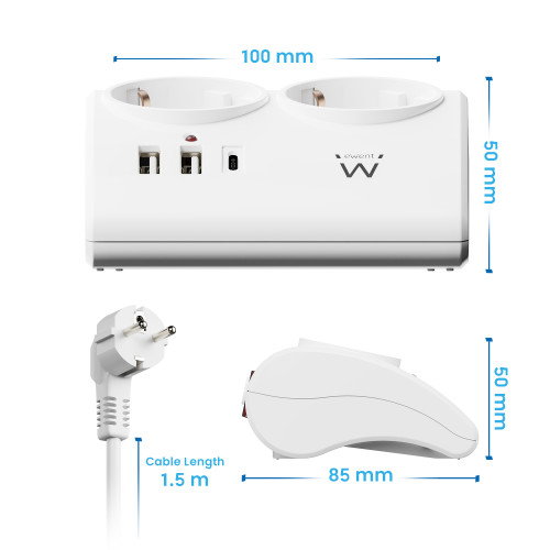 Ewent EW3870 Regleta con 2 Tomas Schuko y 3 Puertos USB Blanco