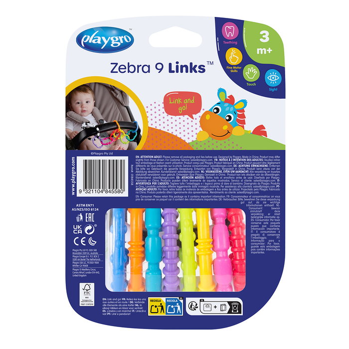 Playgro Cebra 9 Enganches 0184558 - Mordedor y Sujeta Juguetes para Cochecito, +3 meses, Multilingüe