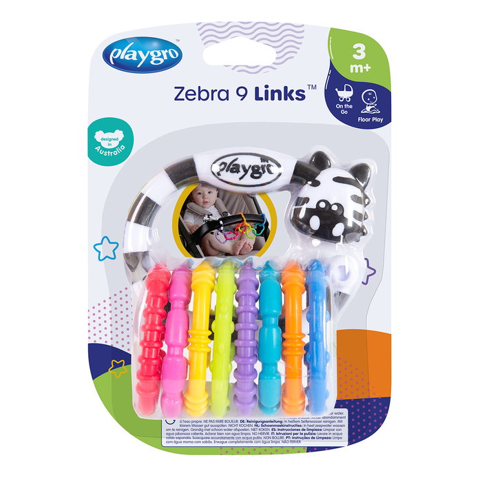 Playgro Cebra 9 Enganches 0184558 - Mordedor y Sujeta Juguetes para Cochecito, +3 meses, Multilingüe