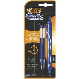 Bic 951757 Bolígrafo Tinta Gel Gelocity Quick Dry, Punta Media, Secado Rápido, Azul, Pack con 2 Recambios