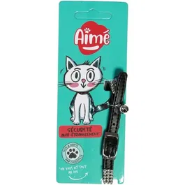 Aime AIM3281019020761 Collar para Gato - Nylon Ajustable 18-28 cm con Cascabel Plateado y Pedrería Negra