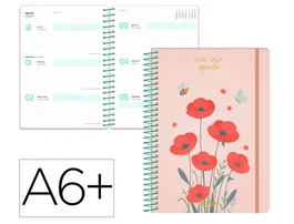 Liderpapel Agenda Escolar 26-27 Fantasy Flowers, Semana Vista A6+ Espiral, Tapa Dura, Interior Bilingüe Español, Rojo, Papel FSC 80g