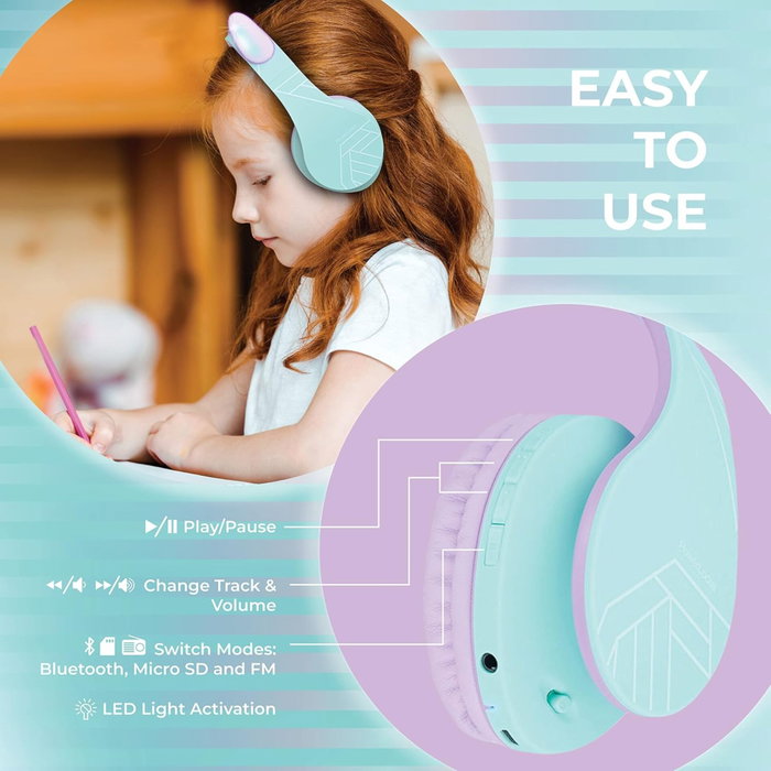 PowerLocus P2 Auriculares para Niños Púrpura/Turquesa con Orejas PowerLocus P2 Auriculares para Niños Púrpura/Turquesa con Orejas