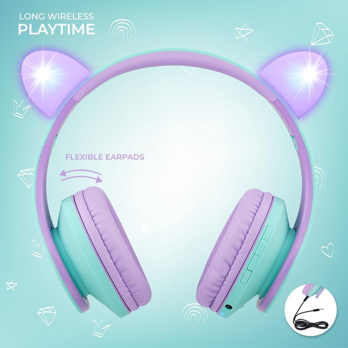PowerLocus P2 Auriculares para Niños Púrpura/Turquesa con Orejas PowerLocus P2 Auriculares para Niños Púrpura/Turquesa con Orejas