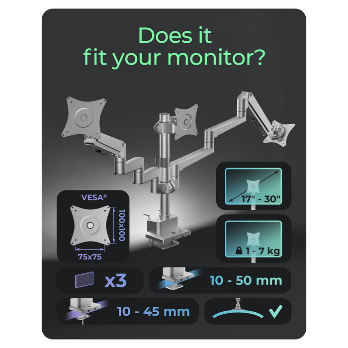 ICY BOX IB-MS525-T Soporte Monitor Triple con Brazo de Gas, para 3 Pantallas hasta 30", Montaje Pinza/Atornillado, Ajuste de Altura e Inclinación, Color Gris Plata