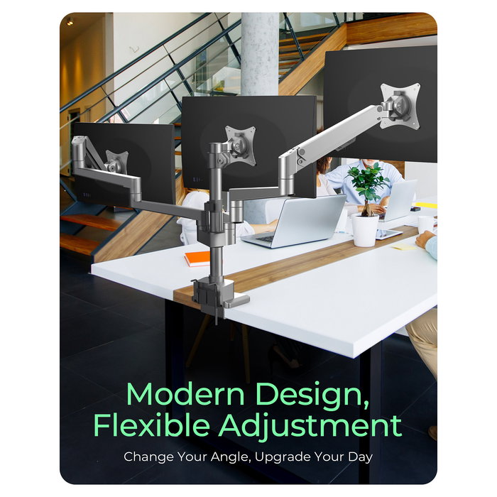 ICY BOX IB-MS525-T Soporte Monitor Triple con Brazo de Gas, para 3 Pantallas hasta 30", Montaje Pinza/Atornillado, Ajuste de Altura e Inclinación, Color Gris Plata