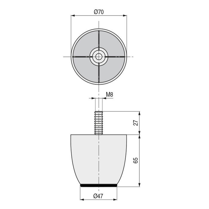 Q&Q Pata Plástico Vaso Ø70 H65 M8x27 Cromo para Sofá y Muebles