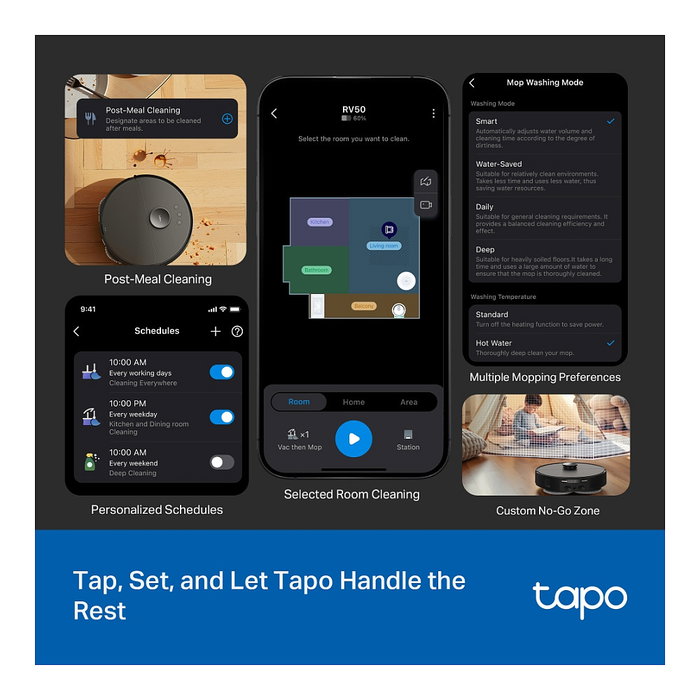 TP-Link Tapo RV50 Pro Omni Robot Aspirador y Fregador con Estación Base, Auto-Vaciado y Auto-Limpieza, Mapeo Lidar D-ToF, Wi-Fi, Compatible con Alexa y Google Assistant, Negro