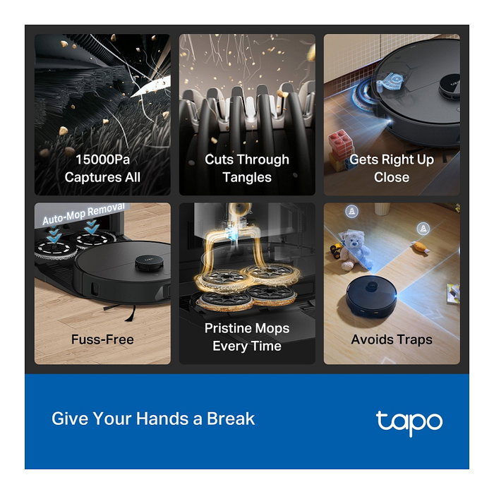 TP-Link Tapo RV50 Pro Omni Robot Aspirador y Fregador con Estación Base, Auto-Vaciado y Auto-Limpieza, Mapeo Lidar D-ToF, Wi-Fi, Compatible con Alexa y Google Assistant, Negro