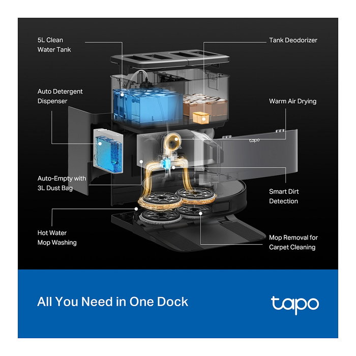 TP-Link Tapo RV50 Pro Omni Robot Aspirador y Fregador con Estación Base, Auto-Vaciado y Auto-Limpieza, Mapeo Lidar D-ToF, Wi-Fi, Compatible con Alexa y Google Assistant, Negro