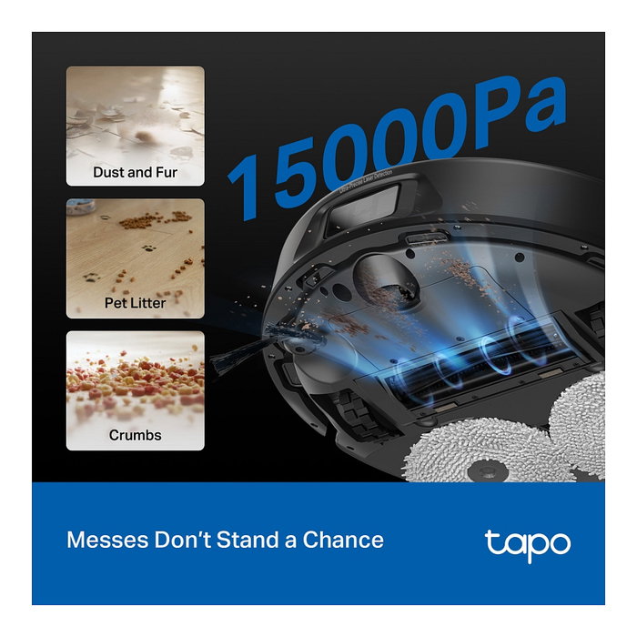 TP-Link Tapo RV50 Pro Omni Robot Aspirador y Fregador con Estación Base, Auto-Vaciado y Auto-Limpieza, Mapeo Lidar D-ToF, Wi-Fi, Compatible con Alexa y Google Assistant, Negro