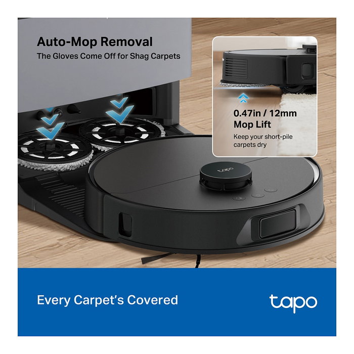 TP-Link Tapo RV50 Pro Omni Robot Aspirador y Fregador con Estación Base, Auto-Vaciado y Auto-Limpieza, Mapeo Lidar D-ToF, Wi-Fi, Compatible con Alexa y Google Assistant, Negro