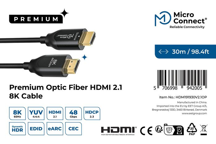 MicroConnect Cable HDMI de Fibra Óptica Premium 8K 30m HDMI 2.1 Activo para Larga Distancia