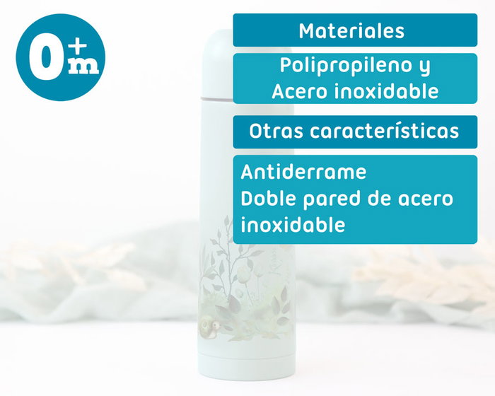 KioKids Termo Little Sauvages Honey 500ml, Térmico Acero Inoxidable, Anti-goteo, Mantiene Frío 24h/Calor 12h, Color Sage, para Líquidos, para Bebés +0 Meses