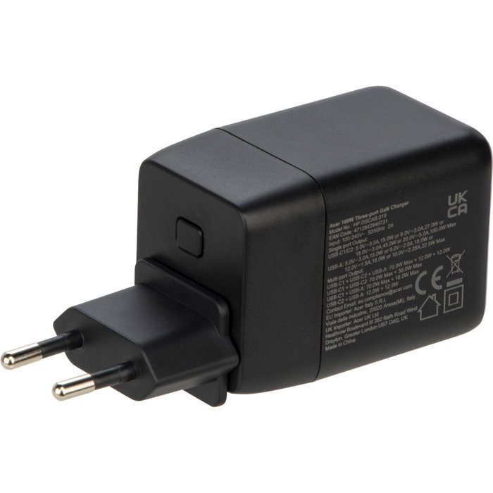 Acer Cargador GaN 100W con 2x USB-C y 1x USB-A y Enchufes EU/UK