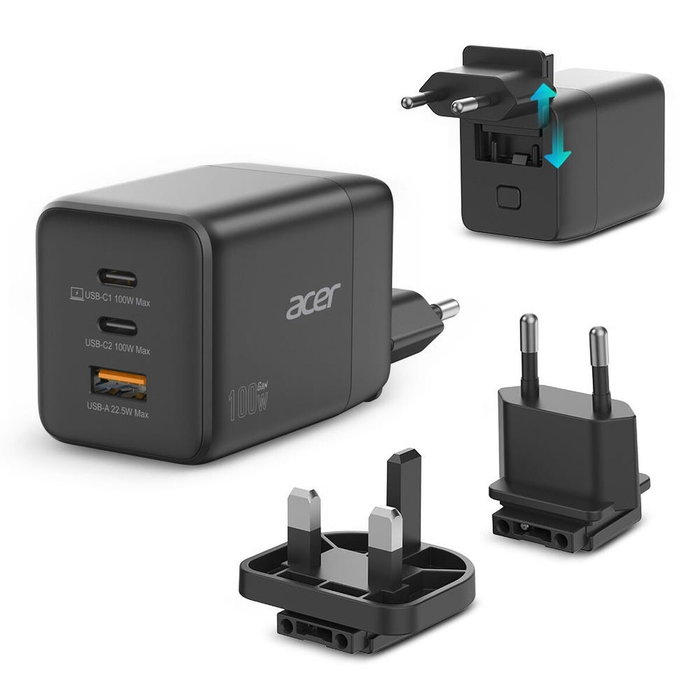Acer Cargador GaN 100W con 2x USB-C y 1x USB-A y Enchufes EU/UK