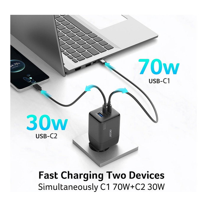 Acer Cargador GaN 100W con 2x USB-C y 1x USB-A y Enchufes EU/UK