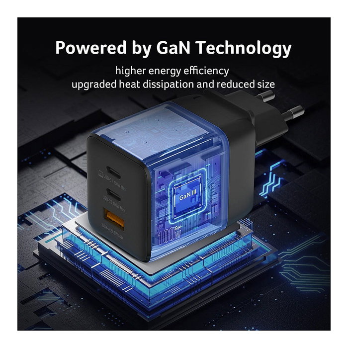 Acer Cargador GaN 100W con 2x USB-C y 1x USB-A y Enchufes EU/UK