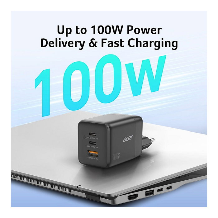 Acer Cargador GaN 100W con 2x USB-C y 1x USB-A y Enchufes EU/UK