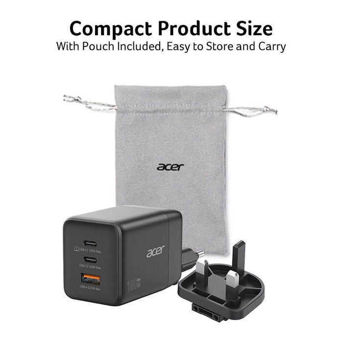Acer Cargador GaN 100W con 2x USB-C y 1x USB-A y Enchufes EU/UK