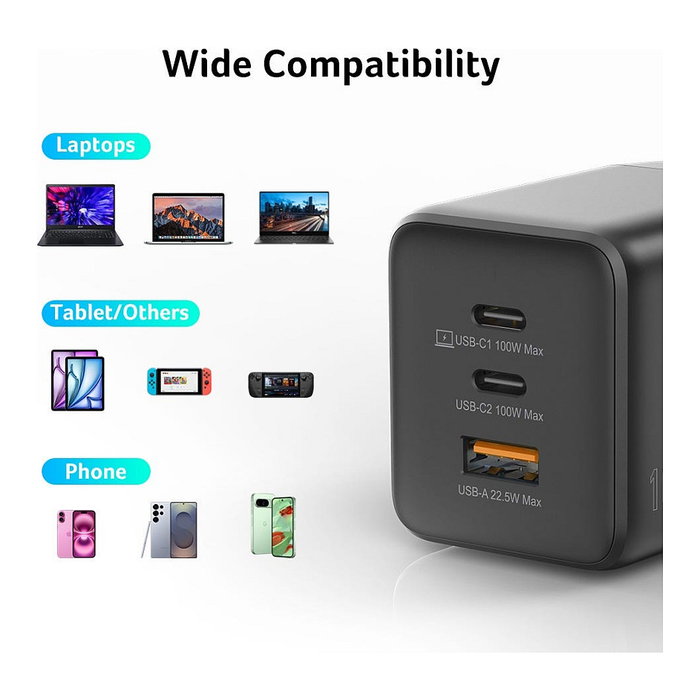 Acer Cargador GaN 100W con 2x USB-C y 1x USB-A y Enchufes EU/UK