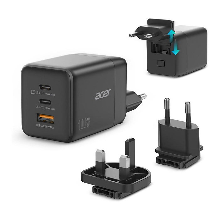Acer Cargador GaN 100W con 2x USB-C y 1x USB-A y Enchufes EU/UK