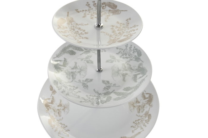 DKD Home Decor Frutero de 3 Pisos en Porcelana y Metal Verde, Blanco y Marrón Claro