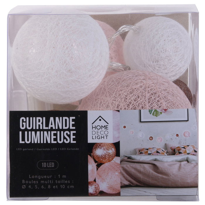 Home Deco Light Guirnalda Luz 10 Led Rosa, Bolas Variadas D.4-10cm, Decoración Hogar