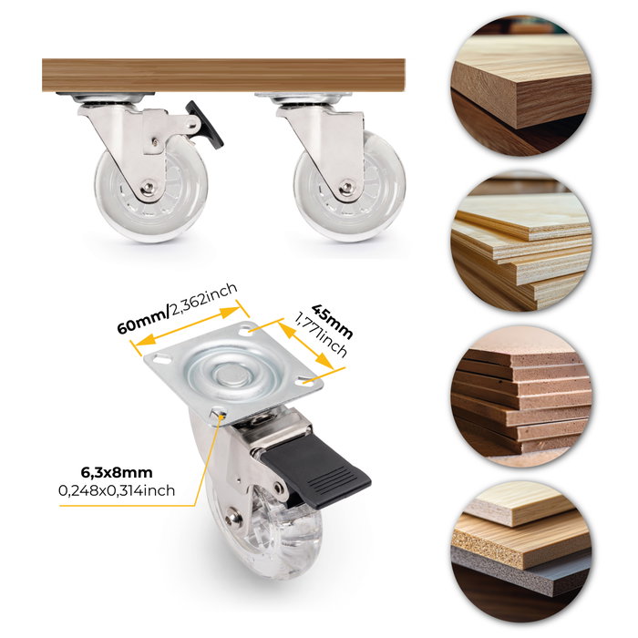 Emuca Lote de 4 ruedas Slip transparentes con placa de montaje, diámetro 75mm, Acero y Plástico