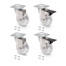 Emuca Lote de 4 ruedas Slip transparentes con placa de montaje, diámetro 75mm, Acero y Plástico