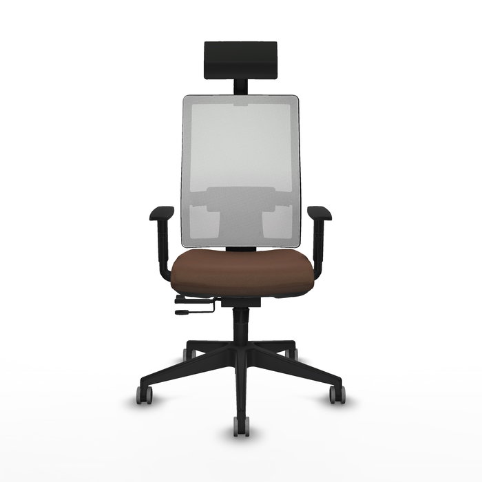 Silla de oficina Horna con mecanismo Sincro/Traslack tapizada con Tela color Marrón oscuro y malla color Blanco. Equipada con lumbar 1D, Brazos 1D, Cabecero Fijo y Ruedas 65 mm parqué