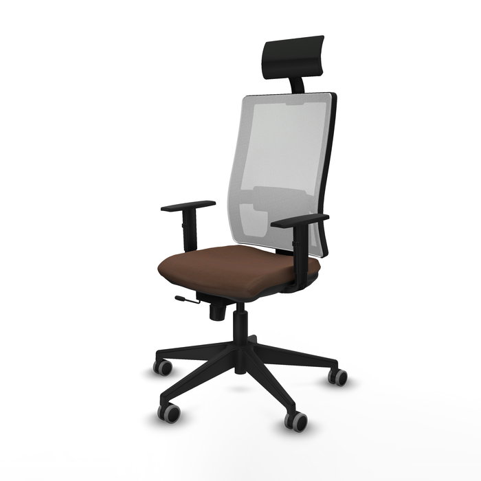 Silla de oficina Horna con mecanismo Sincro/Traslack tapizada con Tela color Marrón oscuro y malla color Blanco. Equipada con lumbar 1D, Brazos 1D, Cabecero Fijo y Ruedas 65 mm parqué