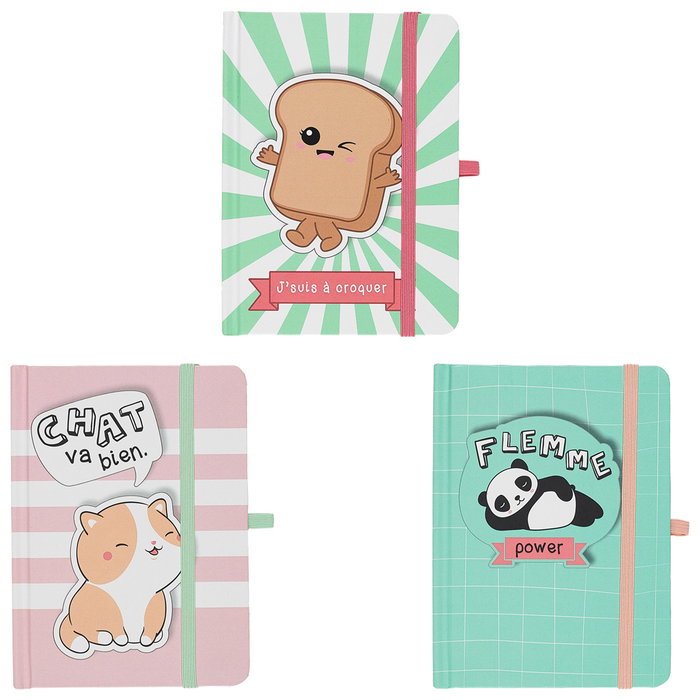 The Concept Factory Libreta DINA6 con Cierre Elástico Kawaii - My Funny Papet, Tostada/Panda/Gato, Certificado FSC