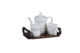 DKD Home Decor Set de tetera de porcelana y bambú PENGJIA 25 relieve blanco y marrón oscuro