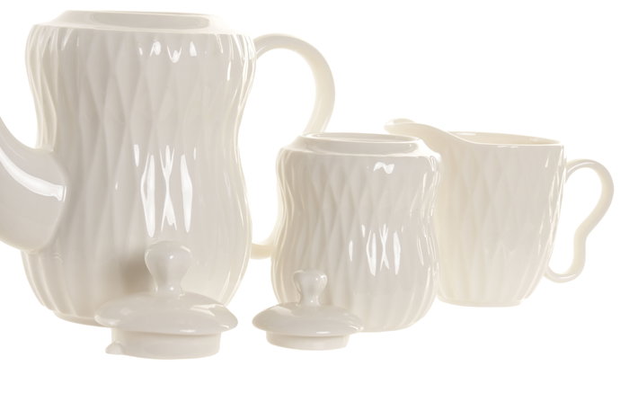 DKD Home Decor Tetera Colección Pengjia 25 Blanco Marron Oscuro Porcelana Bambu 25 x 18 x 28 cm Set de 4