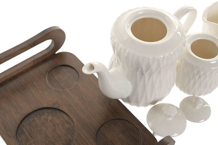 DKD Home Decor Tetera Colección Pengjia 25 Blanco Marron Oscuro Porcelana Bambu 25 x 18 x 28 cm Set de 4