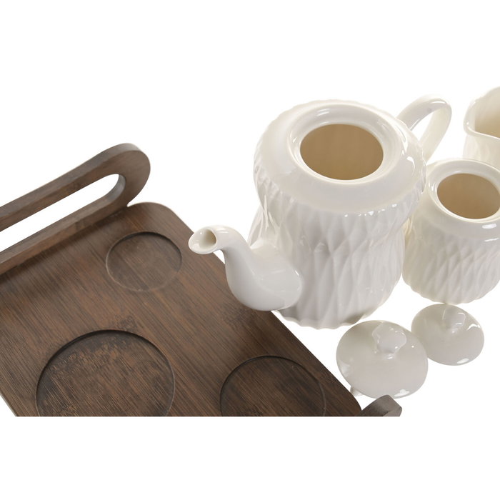 DKD Home Decor Set de tetera de porcelana y bambú PENGJIA 25 relieve blanco y marrón oscuro