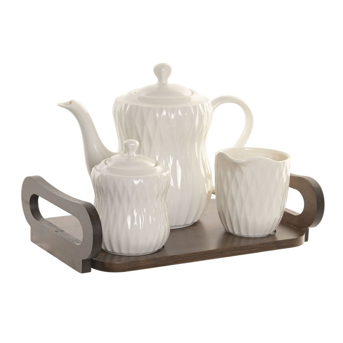 DKD Home Decor Set de tetera de porcelana y bambú PENGJIA 25 relieve blanco y marrón oscuro