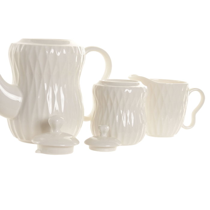 DKD Home Decor Set de tetera de porcelana y bambú PENGJIA 25 relieve blanco y marrón oscuro