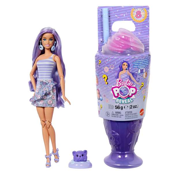 Mattel Barbie Muñeca Sorpresa Pop Reveal con Vaso Morado, Incluye 8 Sorpresas - Modelos Surtidos