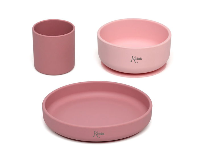 KioKids Set Vajilla 3 Piezas Bebé Silicona Rosa +6 Meses con Ventosa para BLW