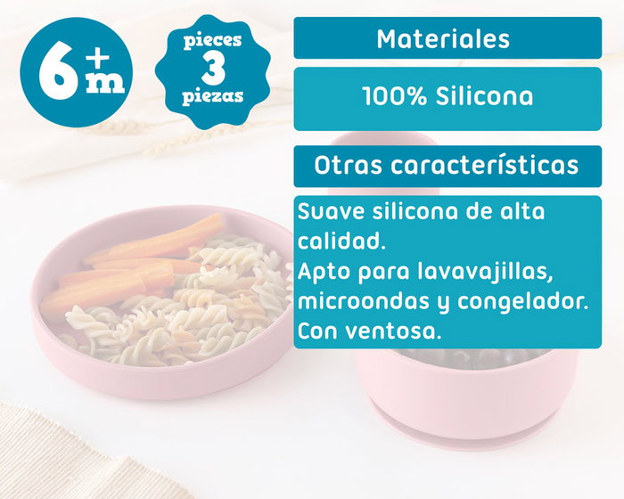 KioKids Set Vajilla 3 Piezas Bebé Silicona Rosa +6 Meses con Ventosa para BLW